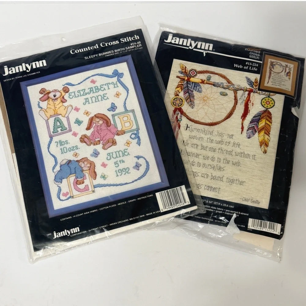 Janlynn Counted Cross Stitch Kits Sleepy Bunnies Birth Sampler & Web of Life 2pk